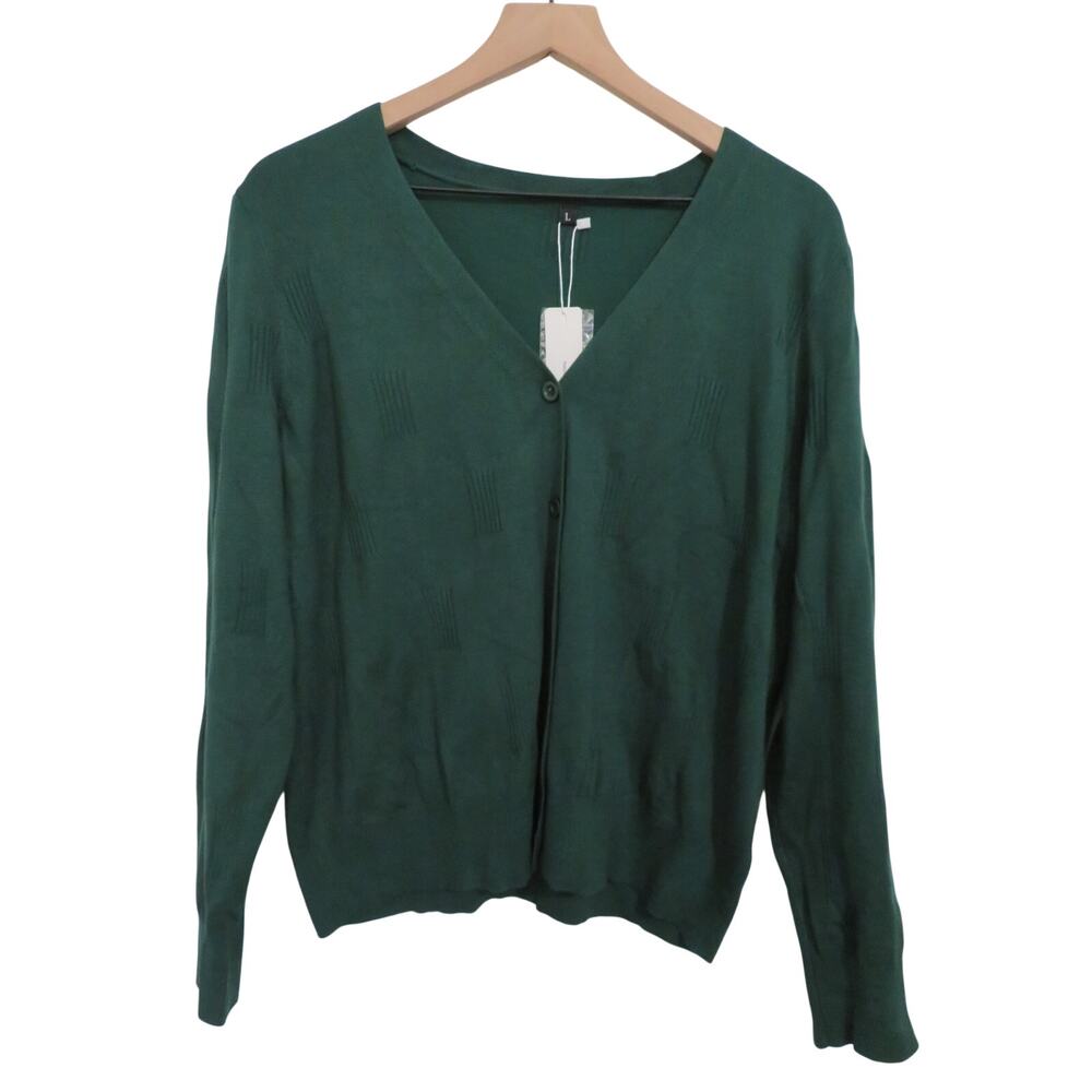 Arach & Cloz Women Sz L Green V Neck Button Front Long Sleeve Cardigan Academia